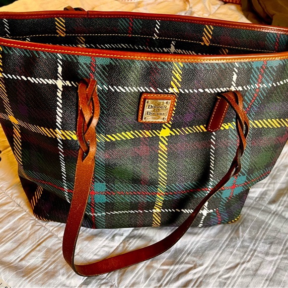 Dooney & Bourke Handbags - Dooney & Bourke Brown Leather/Plaid Tote Bag